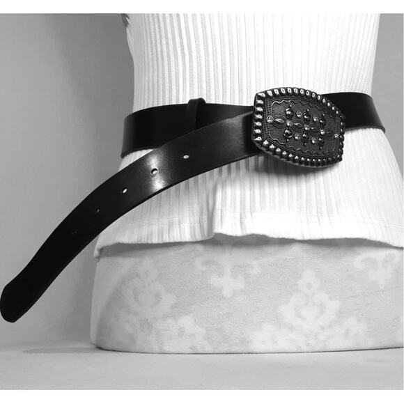 Womens Black Leather Belt Large Waist Jumbo Gray Ornate Oval Metal Buckle main image 13